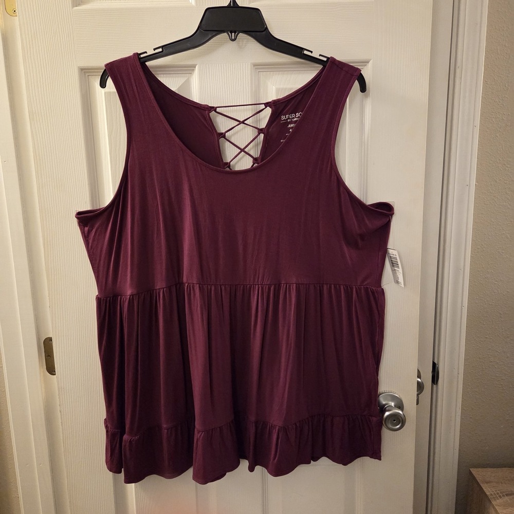 Torrid sz 4 supersoft scoop neck lace up babydoll plum tank blouse NWT casual
